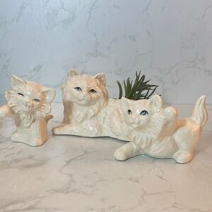 Set of Three Mid Century Vintage White Persian Cat Figurines Momma With Kittens
